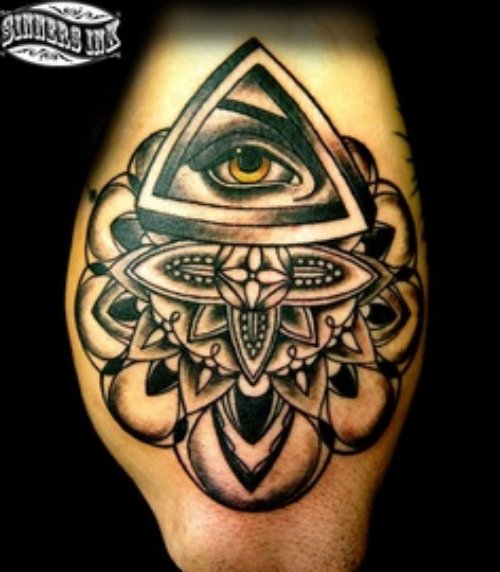 Grey Ink Illuminati Eye Tattoo Design On Arm